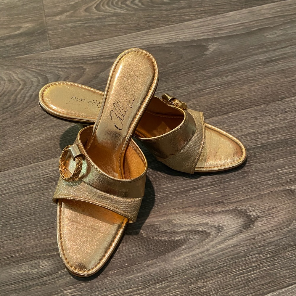 Vtg 50s Rockabilly Gold Allabouts Dress Heels 6